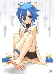 Rule 34 | 1boy, absurdres, ahoge, animal ears, artist name, barefoot, bike shorts, bishounen, black shirt, black shorts, blue eyes, blue hair, blush, coat, dated, feet, full body, hair between eyes, highres, knees up, legs, long sleeves, looking at viewer, male focus, open mouth, original, sailor collar, shirt, shoes, unworn shoes, short hair, short shorts, shorts, simple background, soles, solo, spread toes, star (symbol), toenails, toes, tsukibara, white background
