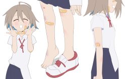 Rule 34 | 1girl, ahoge, bandaid, bandaid on arm, bandaid on cheek, bandaid on face, bandaid on foot, bandaid on leg, bandaid on nose, brown hair, closed eyes, do it yourself!!, fang, feet, looking at viewer, multiple views, school uniform, shirt, shoes, short hair, simple background, single shoe, skin fang, smile, source request, white background, yontomapochi, yua serufu