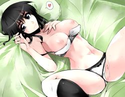 Rule 34 | 00s, 1girl, bed, black hair, bow, bow panties, bra, bra pull, breasts, censored, clothes pull, clothing aside, cosaten, grey eyes, heart, large breasts, long hair, lying, panties, panties aside, pussy, school rumble, solo, spoken heart, suou mikoto (school rumble), sweat, underwear, underwear only