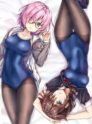 Rule 34 | 2girls, ahoge, alternate costume, arms up, black hair, black pantyhose, black serafuku, blue eyes, blue one-piece swimsuit, braid, clothes lift, commentary request, competition school swimsuit, cowboy shot, crossed legs, fate/grand order, fate (series), from above, gluteal fold, grey jacket, hair flaps, hair over one eye, hair over shoulder, hood, hooded jacket, hoodie, jacket, kantai collection, koyuki (kotatsu358), looking at viewer, lying, mash kyrielight, multiple girls, one-piece swimsuit, pantyhose, pantyhose under swimsuit, purple eyes, purple hair, school swimsuit, school uniform, serafuku, shigure (kancolle), shirt lift, short hair, single braid, swimsuit, thighband pantyhose