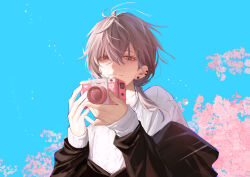 Rule 34 | 1boy, absurdres, ahoge, bishounen, black jacket, blue sky, brown hair, camera, cherry blossoms, closed mouth, ear piercing, grey eyes, highres, holding, holding camera, jacket, jacket partially removed, kanae (nijisanji), long sleeves, looking at viewer, low ponytail, male focus, medium hair, mole, mole under eye, nijisanji, piercing, sky, smile, solo, sweater, virtual youtuber, white sweater, yuhan0518