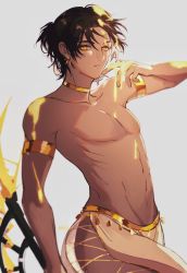 Rule 34 | 1boy, absurdres, arknights, armlet, belly chain, black hair, collarbone, cowboy shot, dark skin, eksi (kriixx), grey background, highres, jewelry, looking at viewer, male focus, navel, neck ring, parted lips, short hair, simple background, solo, standing, stomach, thorns (arknights), topless male, yellow eyes