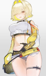 Rule 34 | 1girl, ahoge, black gloves, black sports bra, blonde hair, breasts, clothing cutout, crop top, cropped sweater, elegg (nikke), exposed pocket, gloves, goddess of victory: nikke, grey shorts, hair intakes, hair over eyes, jiu2kunnn, large breasts, long bangs, long sleeves, micro shorts, midriff, multicolored clothes, multicolored gloves, multicolored hair, navel, parted lips, red eyes, short hair, shorts, shoulder cutout, skindentation, solo, sports bra, suspender shorts, suspenders, thigh strap, thighs, two-tone hair, yellow gloves