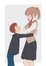 Rule 34 | 1boy, 1girl, absurdres, against wall, age difference, aged down, breasts, brown hair, child, cowboy shot, crossed arms, emiya shirou, facing another, fate/stay night, fate (series), fujimura taiga, highres, homurahara academy school uniform, invisible wall, kabedon, medium breasts, momoka (abc momoka0718), neck ribbon, onee-shota, orange hair, outside border, ponytail, profile, ribbon, school uniform, short hair, simple background, two-tone background