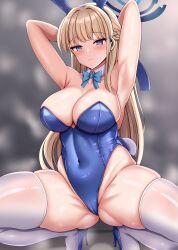 Rule 34 | 1girl, absurdres, alternate breast size, animal ears, armpits, arms up, bare shoulders, blonde hair, blue archive, blue bow, blue eyes, blue hairband, blue leotard, blush, bow, bowtie, braid, breasts, cameltoe, cleft of venus, closed mouth, detached collar, expressionless, fake animal ears, hairband, halo, high heels, highleg, highleg leotard, highres, large breasts, leotard, long hair, mitomumitomu, official alternate costume, official alternate hairstyle, playboy bunny, rabbit ears, rabbit tail, skindentation, squatting, tail, thick thighs, thighhighs, thighs, toki (blue archive), toki (bunny) (blue archive), very long hair, white thighhighs, wrist cuffs