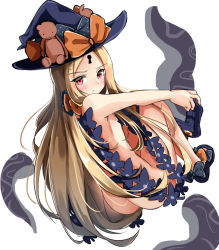 Rule 34 | 1girl, abigail williams (fate), abigail williams (second ascension) (fate), absurdres, ass, black bow, black footwear, black hat, black thighhighs, blonde hair, blush, bow, closed mouth, fate/grand order, fate (series), hat, hat bow, highres, keyhole, long hair, looking at viewer, looking to the side, moyoron, nude, orange bow, parted bangs, red eyes, revealing clothes, shoes, simple background, single thighhigh, sitting, solo, stuffed animal, stuffed toy, teddy bear, tentacles, thighhighs, very long hair, white background, witch hat