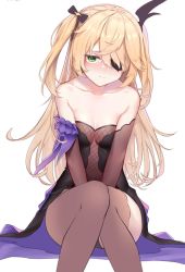 Rule 34 | 1girl, blonde hair, blush, bodystocking, bodysuit, breasts, brown sleeves, eyepatch, fischl (genshin impact), fishnet bodysuit, fishnets, garter straps, genshin impact, green eyes, hair over one eye, highres, long hair, looking at viewer, single leg pantyhose, single thighhigh, sitting, small breasts, solo, terebi (shimizu1996), thighhighs, two side up, unfinished