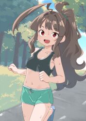 Rule 34 | 1girl, ahoge, alternate costume, alternate hairstyle, black sports bra, blush, breasts, cleavage, cloud, day, fang, green shorts, hair ornament, hair scrunchie, huge ahoge, kantai collection, kuma (kancolle), long hair, looking at viewer, midriff, nassukun, navel, open mouth, outdoors, ponytail, red eyes, scrunchie, short shinai, short shorts, shorts, sky, small breasts, solo, sports bra, sweat, tree