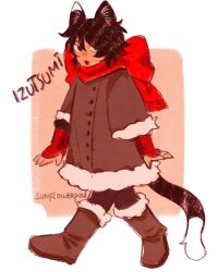Rule 34 | 1girl, :p, animal ears, arm guards, black hair, body fur, boots, brown coat, brown footwear, cat ears, cat girl, cat tail, character name, coat, commentary, dungeon meshi, flower, from side, fur-trimmed boots, fur-trimmed coat, fur-trimmed sleeves, fur trim, highres, izutsumi, looking at viewer, mismatched animal ear colors, outside border, red scarf, scarf, short hair, short sleeves, sideways glance, sketch, solo, sunnyflowerday1, tail, tongue, tongue out, twitter username, walking, winter clothes