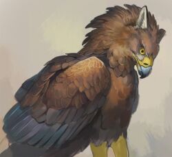 Rule 34 | animal focus, beak, bird wings, chimera, feathered wings, from side, griffin, looking at viewer, monster, nablange, no humans, original, profile, simple background, solo, wings, yellow background, yellow eyes