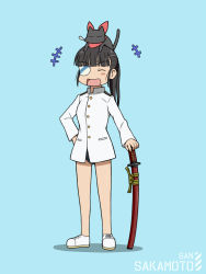 Rule 34 | 1girl, animal, animal on head, blush stickers, cat, cat on head, character name, crossover, english text, eyepatch, hand on own hip, hip focus, katana, laughing, military, military uniform, name connection, nichijou, nose bubble, on head, oniyan, parody, ponytail, romaji text, sakamoto (nichijou), sakamoto mio, scarf, school swimsuit, simple background, sleeping, solo, standing, strike witches, style parody, swimsuit, swimsuit under clothes, sword, uniform, weapon, world witches series