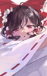 Rule 34 | 1girl, absurdres, black hair, bow, close-up, hakurei reimu, half-closed eyes, hand up, highres, japanese clothes, ksagi, looking at viewer, miko, open mouth, red bow, red eyes, simple background, touhou, white background, white sleeves