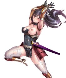 Rule 34 | 1girl, armor, bdsm, black hair, bondage, bound, breasts, chain, cleavage, covered erect nipples, female focus, highres, large breasts, lilith-soft, long hair, looking at viewer, moaning, nipples, nobushito kuro, ponytail, red eyes, shiny skin, sweat, taimanin (series), taimanin asagi, taimanin asagi kessen arena, yamato eri