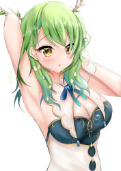 Rule 34 | 1girl, antlers, armpit crease, armpits, bare arms, bare shoulders, blush, braid, braided bangs, branch, breasts, ceres fauna, ceres fauna (1st costume), cleavage, collarbone, dress, feather hair ornament, feathers, green hair, hair ornament, highres, holocouncil, hololive, hololive english, horns, kai-yo, large breasts, looking at viewer, mole, mole under eye, open mouth, simple background, sleeveless, sleeveless dress, solo, virtual youtuber, white background, yellow eyes