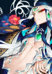 Rule 34 | 1boy, androgynous, aqua hair, blue hair, eyeshadow, fate/grand order, fate (series), flower, forehead jewel, hat, long hair, looking at viewer, makeup, male focus, multicolored hair, orange eyes, pectoral cleavage, pectorals, red eyeshadow, red flower, shi huang di (fate), sindri, sky, smile, solo, star (sky), starry sky, streaked hair, toned, toned male, upper body, very long hair, white hair