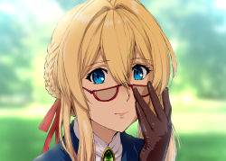 Rule 34 | 1girl, blonde hair, blouse, blue eyes, blue jacket, braid, closed mouth, commentary request, french braid, glasses, gloves, hair between eyes, hair ribbon, jacket, looking at viewer, portrait, red ribbon, ribbon, shirt, solo, ueyama michirou, violet evergarden, violet evergarden (series), white neckwear, white shirt