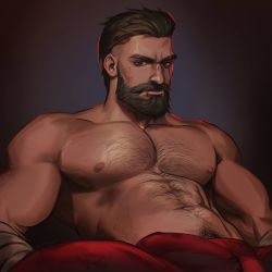 Rule 34 | 1boy, abs, absurdres, bara, brown eyes, brown hair, bulge, chest hair, dark-skinned male, dark skin, david king (dead by daylight), dead by daylight, eyebrow cut, facial hair, hairy, highres, large pectorals, looking at viewer, male focus, mature male, muscular, muscular male, mustache, navel, nipples, pants, pectorals, red pants, seupil hyugo (spirohugo), short hair, solo, upper body