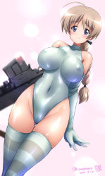 Rule 34 | 1girl, blue eyes, blush, boys anti tank rifle, braid, breasts, brown hair, cameltoe, closed mouth, covered navel, covered nipples, elbow gloves, gloves, green gloves, green legwear, green leotard, gun, highleg, highleg leotard, holding, holding gun, holding weapon, kamogawa tanuki, large breasts, leotard, long hair, looking at viewer, lynette bishop, multicolored, multicolored clothes, multicolored legwear, shiny, shiny clothes, shiny hair, shiny skin, single braid, skin tight, smile, solo, standing, strike witches, striped, striped legwear, thighhighs, weapon, world witches series