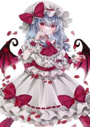 Rule 34 | 1girl, ascot, bat wings, blush, brooch, buttons, center frills, closed mouth, collared shirt, commentary, frilled skirt, frilled sleeves, frills, grey hair, hair between eyes, hat, hat ribbon, jaku sono, jewelry, medium hair, mob cap, petals, red ascot, red eyes, red ribbon, red wings, remilia scarlet, ribbon, shirt, short sleeves, simple background, skirt, smile, solo, touhou, white background, white hat, white shirt, white skirt, wings, wrist cuffs