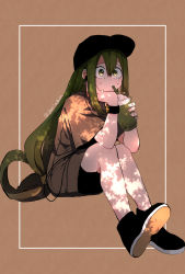 Rule 34 | 1girl, artist name, asui tsuyu, baseball cap, black footwear, black shorts, boku no hero academia, border, brown background, brown shirt, bubble tea, cable, head rest, commentary request, crying, cup, earphones, elbows on knees, gim (gim-gim-3919), green hair, hair between eyes, hand on own chin, hat, highres, holding, holding cup, legs, long hair, looking afar, low-tied long hair, shirt, shorts, simple background, sitting, solo, sunlight, tears, watch, wristwatch