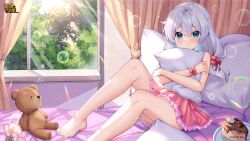Rule 34 | 1girl, bare shoulders, barefoot, bed, bedroom, benghuai xueyuan, blue sky, cake, cake slice, closed mouth, curtains, flower, food, frilled skirt, frills, highres, holding, honkai (series), honkai impact 3rd, indoors, long hair, looking at viewer, hugging object, official art, pajamas, pillow, pink flower, pink skirt, plate, side ponytail, sitting, skirt, sky, solo, stuffed animal, stuffed toy, teddy bear, theresa apocalypse, toes, tree, white hair, window