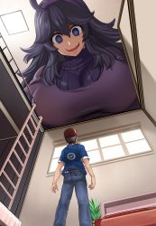 Rule 34 | 1boy, 1girl, @ @, ahoge, alternate breast size, belt, black hair, breasts, brown belt, commentary request, creatures (company), denim, fence, from below, game freak, giant, giantess, hair between eyes, hairband, hat, hex maniac (pokemon), highres, jeans, ladder, long hair, looking down, maki ikazuya, mini person, miniboy, nintendo, open mouth, pants, plant, poke ball, poke ball (basic), pokemon, pokemon xy, potted plant, purple hairband, red headwear, short sleeves, size difference, smile