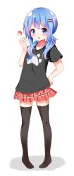 Rule 34 | 1girl, black shirt, black thighhighs, blue eyes, blue hair, blush, candy, collar, food, hair ornament, hairclip, hand on own hip, highres, holding, holding food, lollipop, long hair, miniskirt, nagomi yayado, original, pleated skirt, print shirt, red skirt, shirt, short sleeves, simple background, skirt, solo, standing, thighhighs, tongue, tongue out, white background, zettai ryouiki