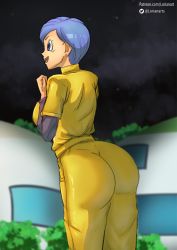 Rule 34 | 1girl, ass, back, blue eyes, blue hair, breasts, bulma, capsule corp, dragon ball, dragon ball super, dragon ball super super hero, earrings, highres, huge ass, jewelry, jumpsuit, large breasts, lorianarts, open mouth, short hair, smile, tagme, wide hips, yellow jumpsuit