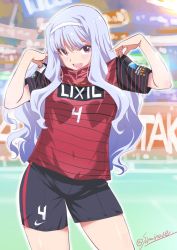 Rule 34 | 1girl, adjusting clothes, blush, breasts, idolmaster, idolmaster (classic), inoue sora, j. league, kashima antlers, large breasts, long hair, looking at viewer, open mouth, red eyes, shijou takane, silver hair, smile, soccer uniform, solo, sportswear, standing, twitter username