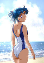 Rule 34 | 1girl, ass, back cutout, beach, bishoujo senshi sailor moon, blue hair, blue one-piece swimsuit, clothing cutout, cloud, cloudy sky, day, ear piercing, from behind, kaze no ryuuryuu, looking back, mizuno ami, ocean, one-piece swimsuit, outdoors, piercing, short hair, sky, solo, sparkle, standing, swimsuit, two-tone one-piece swimsuit, white one-piece swimsuit, wind
