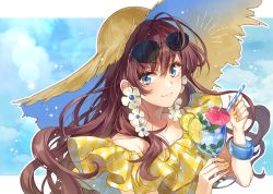 Rule 34 | 1girl, ahoge, bangle, bare shoulders, blue eyes, blue sky, blurry, blush, bokeh, bracelet, breasts, brown hair, cleavage, collarbone, cup, day, depth of field, earrings, eyewear on head, hagiwara rin, hat, holding, holding cup, ichinose shiki, idolmaster, idolmaster cinderella girls, jewelry, long hair, looking at viewer, medium breasts, nail polish, outdoors, outside border, sky, smile, solo, straw hat, sunglasses, tropical drink, wavy hair, yellow nails