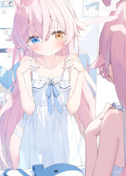 Rule 34 | 1girl, ahoge, animal bag, animal print, bare arms, bare shoulders, blue archive, blue eyes, blurry, blush, closed mouth, collarbone, commentary request, depth of field, dress, fish print, hair flaps, halo, heterochromia, highres, holding, holding clothes, holding dress, hoshino (blue archive), huge ahoge, kani biimu, looking at mirror, mirror, pink hair, pink halo, reflection, solo, whale print, white dress, yellow eyes