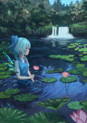Rule 34 | 1girl, blue bow, blue dress, blue eyes, blue hair, blue sky, bow, breasts, cirno, commentary request, day, dress, flower, forest, from side, hair bow, highres, holding, holding flower, ice, ice wings, lily pad, lotus, nature, neck ribbon, outdoors, pinafore dress, pink flower, pond, profile, puffy short sleeves, puffy sleeves, red ribbon, ribbon, ripples, roke (taikodon), scenery, shirt, short hair, short sleeves, sky, sleeveless dress, small breasts, solo, touhou, tree, upper body, wading, water, waterfall, white shirt, wings