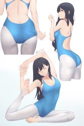Rule 34 | 1girl, absurdres, ass, backless leotard, bare arms, bare shoulders, black hair, blue eyes, blue leotard, breasts, cleavage, closed eyes, closed mouth, collarbone, covered navel, full body, gradient background, highres, kojo (0124), leotard, long hair, medium breasts, multiple views, original, pantyhose, simple background, smile, soles, stirrup legwear, stretching, thighs, toeless legwear, white pantyhose, yoga