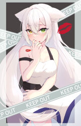 Rule 34 | 1girl, animal ears, belt, blush, breasts, cat ears, cat girl, caution tape, commission, dress, ears down, green eyes, hand on own face, hand on own stomach, heterochromia, highres, ichiki toki, lipstick mark, long hair, looking at viewer, low-tied long hair, medium breasts, nail polish, open mouth, original, skeb commission, sleeveless, sleeveless dress, solo, strap slip, very long hair, white hair, yellow eyes