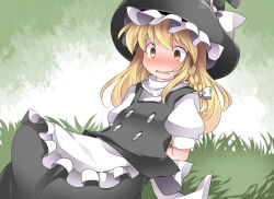 Rule 34 | 1girl, apron, arms behind back, bad id, bad pixiv id, black dress, blonde hair, blush, bound, braid, commentary request, dress, hammer (sunset beach), hat, kirisame marisa, long hair, looking at viewer, open mouth, puffy sleeves, restrained, shirt, short sleeves, single braid, sitting, skirt, solo, tied up, touhou, very long hair, waist apron, wavy mouth, witch hat, yellow eyes