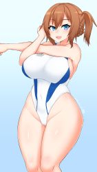 Rule 34 | 1girl, alternate breast size, alternate costume, azur lane, blue eyes, braid, breasts, brown hair, competition swimsuit, dakku (ogitsune), dated, gluteal fold, hair between eyes, highleg, highres, large breasts, long hair, one-piece swimsuit, repulse (azur lane), royal navy, solo, stretching, swimsuit, two-tone swimsuit, white one-piece swimsuit