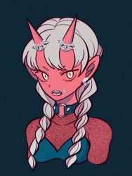 Rule 34 | 1girl, black background, black collar, braid, collar, colored skin, earrings, fangs, grey hair, highres, horns, jewelry, long hair, looking at viewer, open mouth, original, red skin, simple background, solo, twin braids, upper body, uzuta, yellow eyes