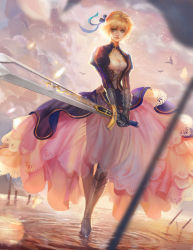 Rule 34 | 1girl, armor, armored boots, artoria pendragon (all), artoria pendragon (fate), blonde hair, blue eyes, blue ribbon, boots, breasts, cleavage, cleavage cutout, clothing cutout, cloud, cloudy sky, dress, excalibur (fate/stay night), fan yang (jiuge), fate/stay night, fate (series), frills, full body, gauntlets, gown, greaves, hair ribbon, holding, holding sword, holding weapon, juliet sleeves, lace, light particles, long sleeves, looking at viewer, outdoors, perspective, puffy sleeves, ribbon, ripples, saber (fate), see-through, sky, solo, sunlight, sword, two-handed, walking, walking on liquid, water, weapon