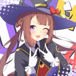 Rule 34 | 1girl, animal ears, black necktie, black robe, bow, brown hair, double v, ear bow, ear covers, hat, highres, horse ears, horse girl, long hair, long sleeves, looking at viewer, necktie, one eye closed, open mouth, purple eyes, robe, shirt, smile, solo, sweep tosho (umamusume), tsunoshou kichi, twintails, umamusume, v, witch hat