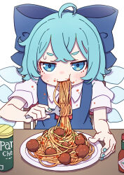 Rule 34 | 1girl, absurdres, ahoge, blue bow, blue dress, blue eyes, blue hair, blue nails, blush, bow, cirno, closed mouth, collared shirt, commentary, detached wings, dress, eating, fairy, fingernails, food, food on face, fork, hair bow, highres, holding, holding fork, ice, ice wings, kame (kamepan44231), meatball, nail polish, pasta, pinafore dress, plate, puffy short sleeves, puffy sleeves, shirt, short hair, short sleeves, sitting, sleeveless dress, solo, spaghetti, spaghetti and meatballs, touhou, white shirt, wings