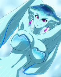 Rule 34 | 286c, armpits, arms up, breasts, bursting breasts, cleavage, earrings, exhibitionism, fish girl, highres, huge breasts, hyrule warriors, jewelry, large breasts, looking at viewer, midriff, monster girl, navel, nintendo, nude, princess ruto, public indecency, purple eyes, smile, the legend of zelda, the legend of zelda: ocarina of time, water, wet, zora
