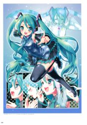 Rule 34 | 1girl, :d, absurdres, black thighhighs, blush, detached sleeves, full body, green eyes, green hair, hatsune miku, highres, kamiya maneki, legs, long hair, looking at viewer, multiple persona, multiple views, open mouth, profile, smile, tareme, thighhighs, twintails, very long hair, vocaloid, zettai ryouiki, zoom layer