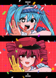 Rule 34 | 2girls, absurdres, black eyes, black mouth, blue dress, blue hair, bow, confetti, crying, dress, drill hair, gloves, grid background, hair bow, hat, hatsune miku, highres, kasane teto, long hair, looking at viewer, mesmerizer (vocaloid), multiple girls, open mouth, pink hair, red background, red hat, shaded face, sharp teeth, smile, sono (sanch1 88), striped bow, sweat, symbol in eye, teeth, tongue, tongue out, tridecagram, twin drills, twintails, utau, very long hair, visor cap, vocaloid, yellow gloves