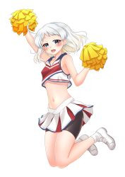 Rule 34 | 1girl, absurdres, alternate costume, bike shorts, black shorts, blue eyes, cheerleader, commentary request, crop top, highres, holding, holding pom poms, kantai collection, makura (y makura), midriff, multicolored clothes, natsugumo (kancolle), pleated skirt, pom pom (cheerleading), pom poms, shirt, short hair, shorts, shorts under skirt, simple background, skirt, sleeveless, sleeveless shirt, solo, transparent background, white background, white hair, white shirt