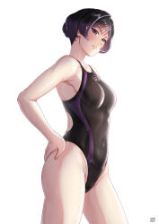 Rule 34 | 1girl, black hair, black one-piece swimsuit, breasts, brown eyes, competition swimsuit, covered navel, finalcake, hand on own hip, highleg, highleg swimsuit, highres, looking at viewer, medium breasts, one-piece swimsuit, parted lips, reina (tekken), short hair, simple background, solo, swimsuit, tekken, tekken 8, two-tone swimsuit, white background