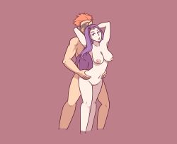 Rule 34 | 1boy, 1girl, ass, bare arms, bare legs, bare shoulders, beard, breasts, cleavage, earrings, eyepatch, facial hair, fire emblem, fire emblem echoes, fire emblem echoes: shadows of valentia, fire emblem gaiden, grabbing, grabbing from behind, hands on own hips, hetero, jewelry, large breasts, legs, lips, long hair, midriff, navel, nintendo, nipples, nude, orange hair, pink background, purple eyes, purple hair, red background, rollep, saber (fire emblem), sex, short hair, simple background, sonya (fire emblem gaiden), standing, standing sex, thighs