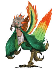 Rule 34 | 1girl, absurdres, anklet, armlet, bird tail, breasts, chinese commentary, claws, commentary request, dark-skinned female, dark skin, feathered wings, feathers, green eyes, green feathers, green wings, grey hair, hair between eyes, harpy, highres, jewelry, looking at viewer, midriff, monster girl, multicolored tail, multicolored wings, open mouth, orange feathers, original, sharp teeth, simple background, small breasts, solo, sora sakura, standing, standing on one leg, tail, talons, teeth, twintails, white background, winged arms, wings, yellow feathers