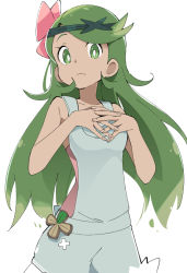 Rule 34 | 1girl, closed mouth, creatures (company), dark-skinned female, dark skin, flower, game freak, green eyes, green hair, hair down, hair flower, hair ornament, ixy, long hair, looking at viewer, mallow (pokemon), nintendo, pokemon, pokemon sm, simple background, solo, trial captain, white background