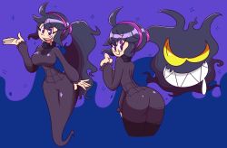 Rule 34 | 1girl, @ @, ahoge, alternate hairstyle, ass, blue background, breasts, creatures (company), dress, drooling, eyes visible through hair, female focus, floating, game freak, gen 1 pokemon, gengar, ghost, hair ornament, hair tie, hairband, hand up, hex maniac (pokemon), highres, large breasts, long hair, long sleeves, looking to the side, matching hair/eyes, multiple views, nintendo, npc trainer, open mouth, pokemon, pokemon (creature), pokemon xy, ponytail, purple background, purple dress, purple eyes, purple hair, purple hairband, saliva, shinyillusionz, simple background, smile, teeth, tongue, turtleneck, two-tone background, yellow eyes
